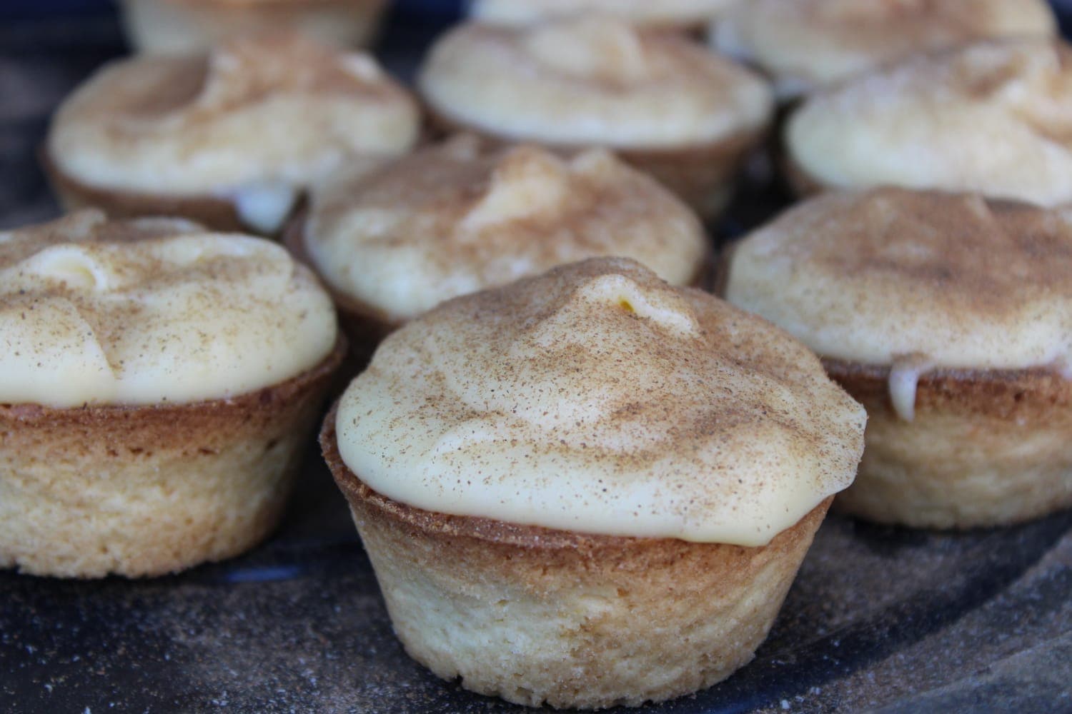 Cupcake-sized milk tarts dusted with cinnamon